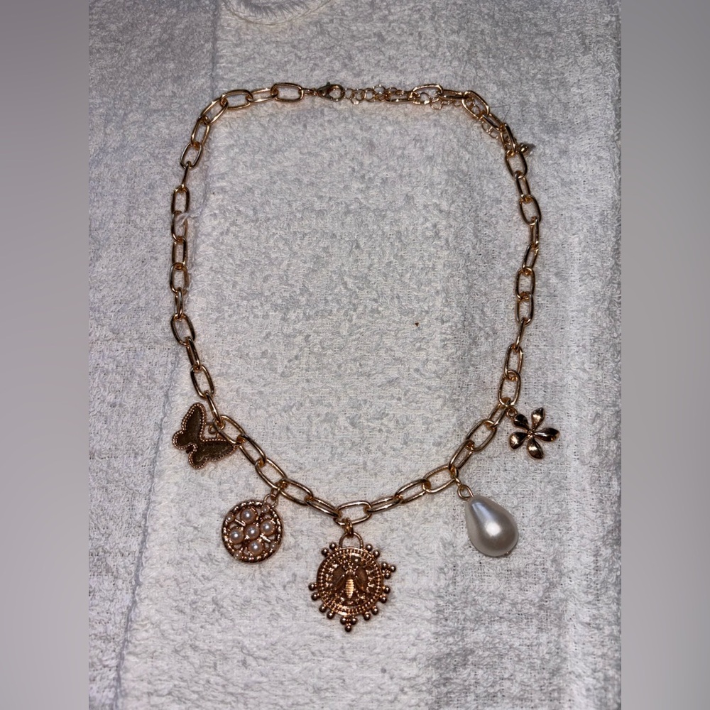Gold Charm Link Necklace with Pearl Drop
